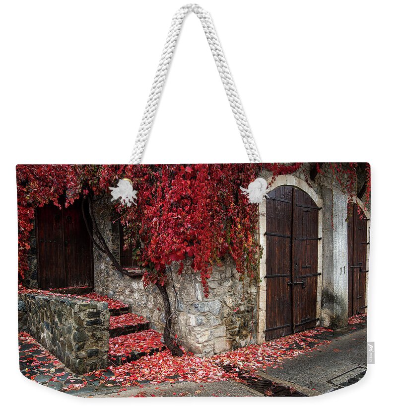 Autumn Weekender Tote Bag featuring the photograph Autumn landscape with red plants on a hous wall by Michalakis Ppalis