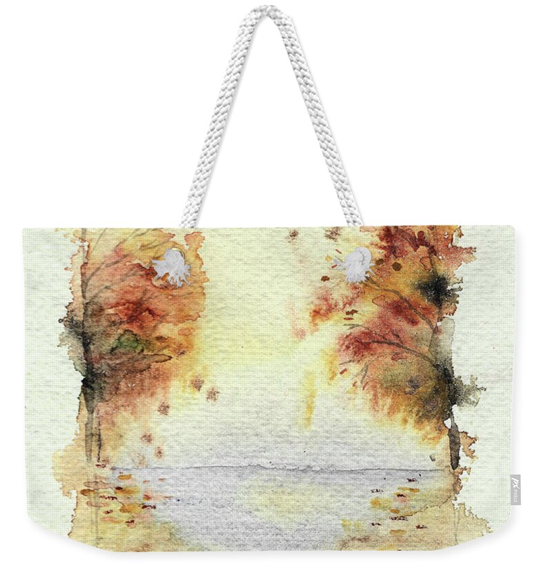 Autumn landscape with yellow trees at the riverside Weekender Tote