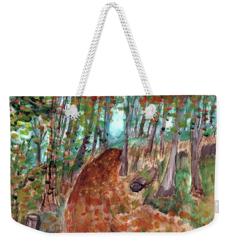 Autumn Weekender Tote Bag featuring the painting Autumn Leaves along the Trail by Christopher Reed