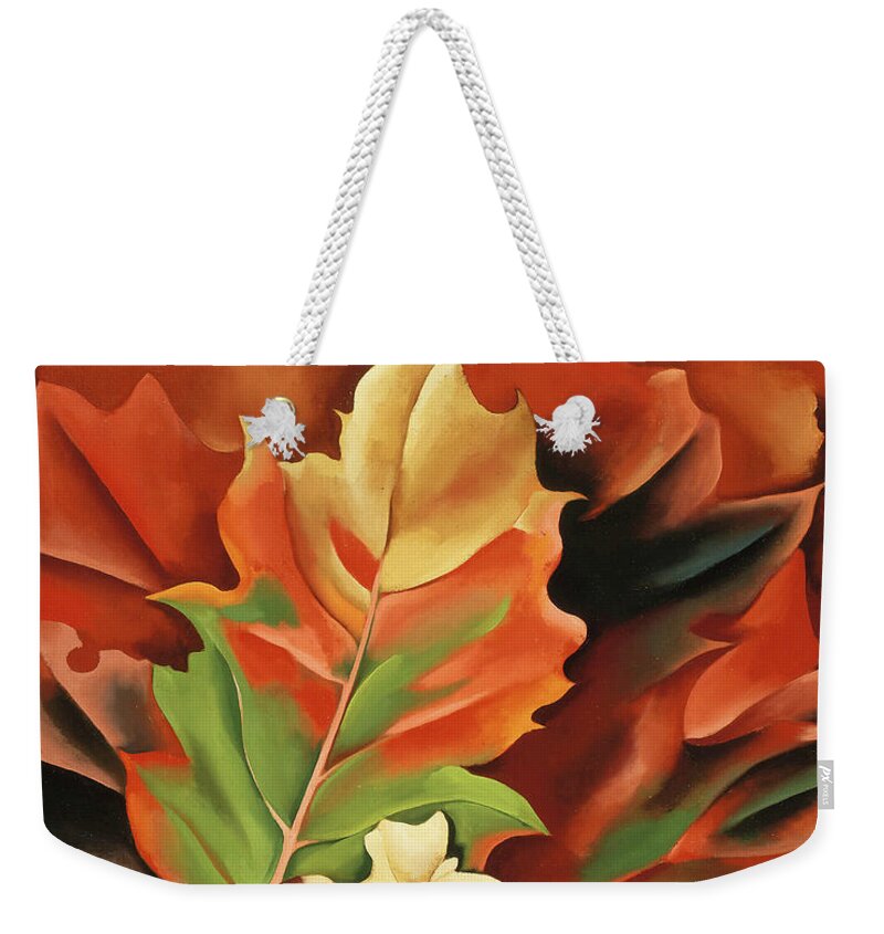 Georgia O'keeffe Weekender Tote Bag featuring the painting Autumn leaves, Lake George, NY - modernist nature pattern painting by Georgia O'Keeffe