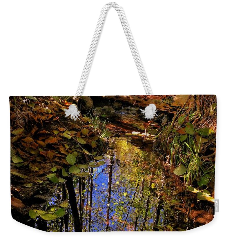 Autumn Weekender Tote Bag featuring the photograph Autumn Leaves - Water Reflection by Jerry Abbott