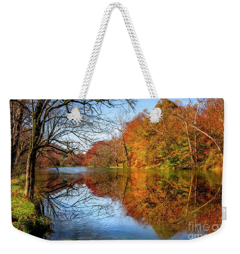 Holston River Weekender Tote Bag featuring the photograph Autumn on the South Fork by Shelia Hunt