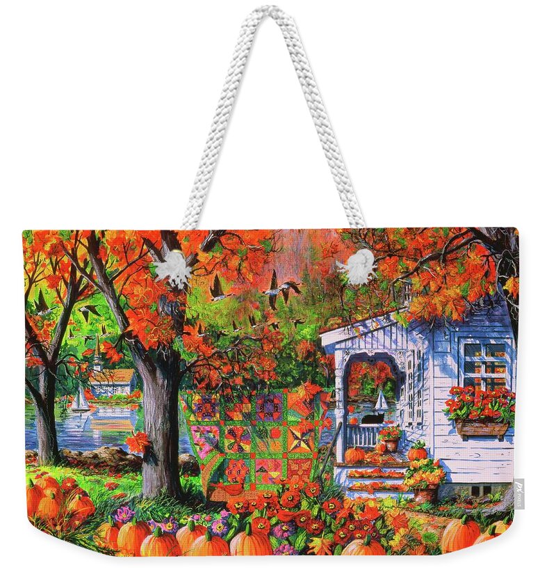 Autumn Landscape With Autumn Patchwork Quilt Weekender Tote Bag featuring the painting Autumn Patchwork Quilt by Diane Phalen