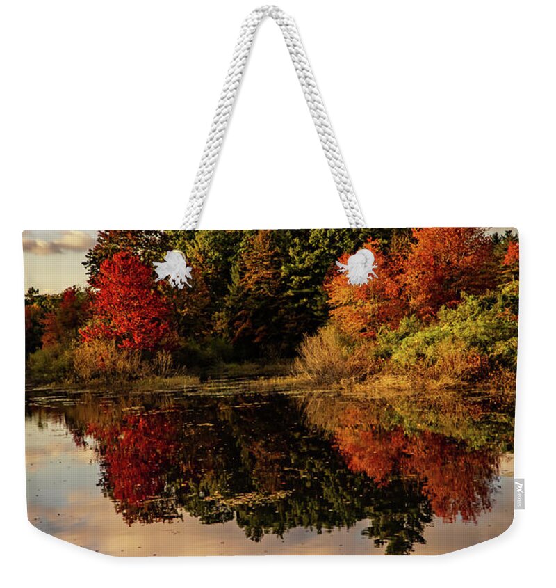 Reflections Weekender Tote Bag featuring the photograph Autumn pond mirror reflections in NH by Lilia S