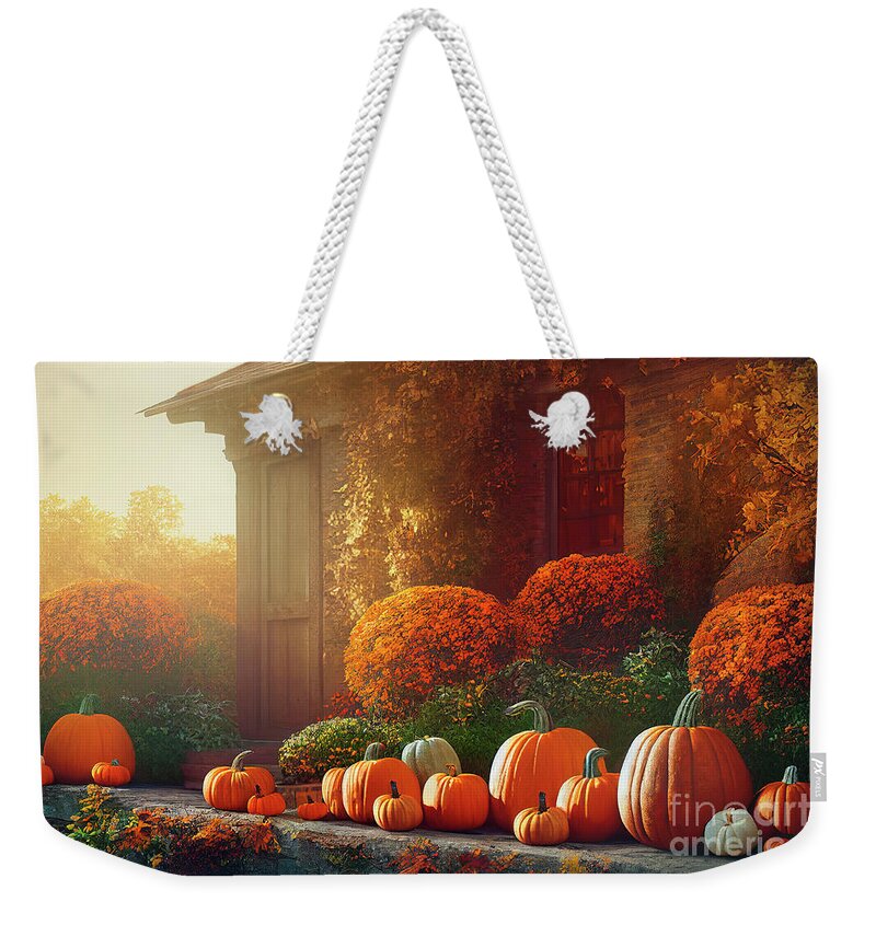 Thanksgiving Weekender Tote Bag featuring the digital art Autumn pumpkins decoration in home garden. Traditional thanksgiv by Jelena Jovanovic