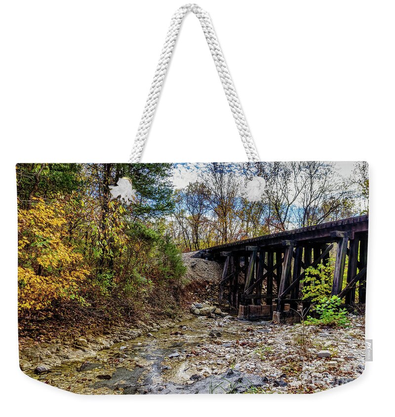 Branson Mo Weekender Tote Bag featuring the photograph Autumn Railroad Bridge by Jennifer White