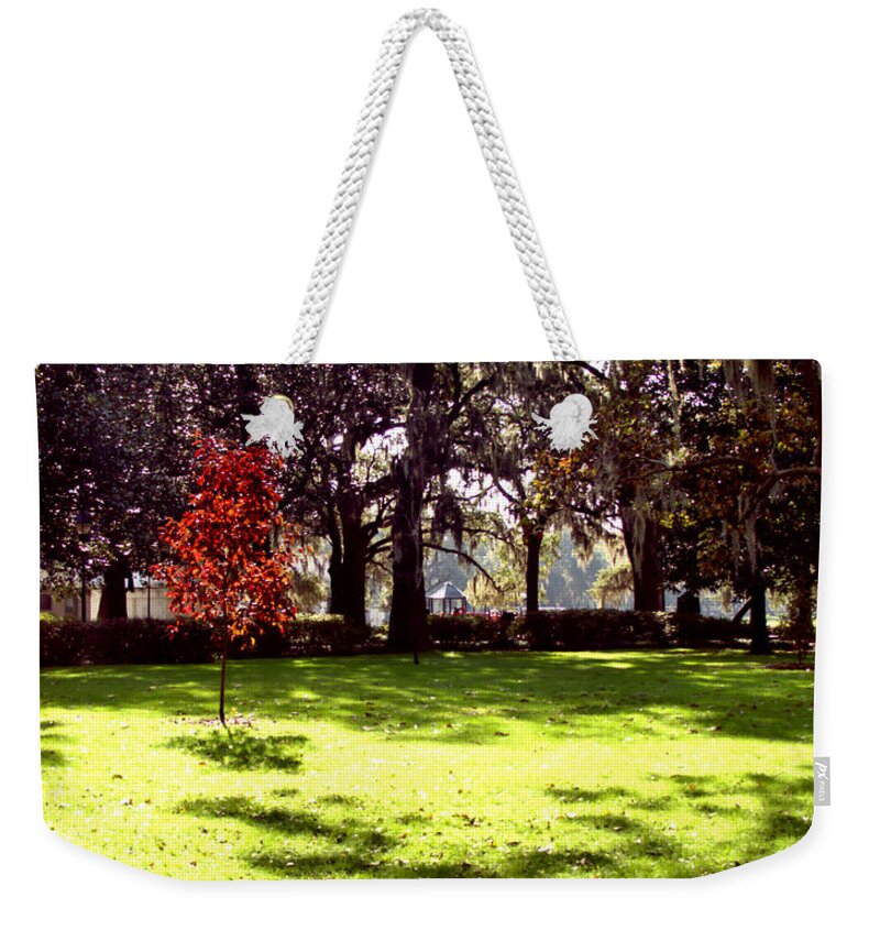 Forsyth Park Weekender Tote Bag featuring the photograph Autumn Red by Theresa Fairchild
