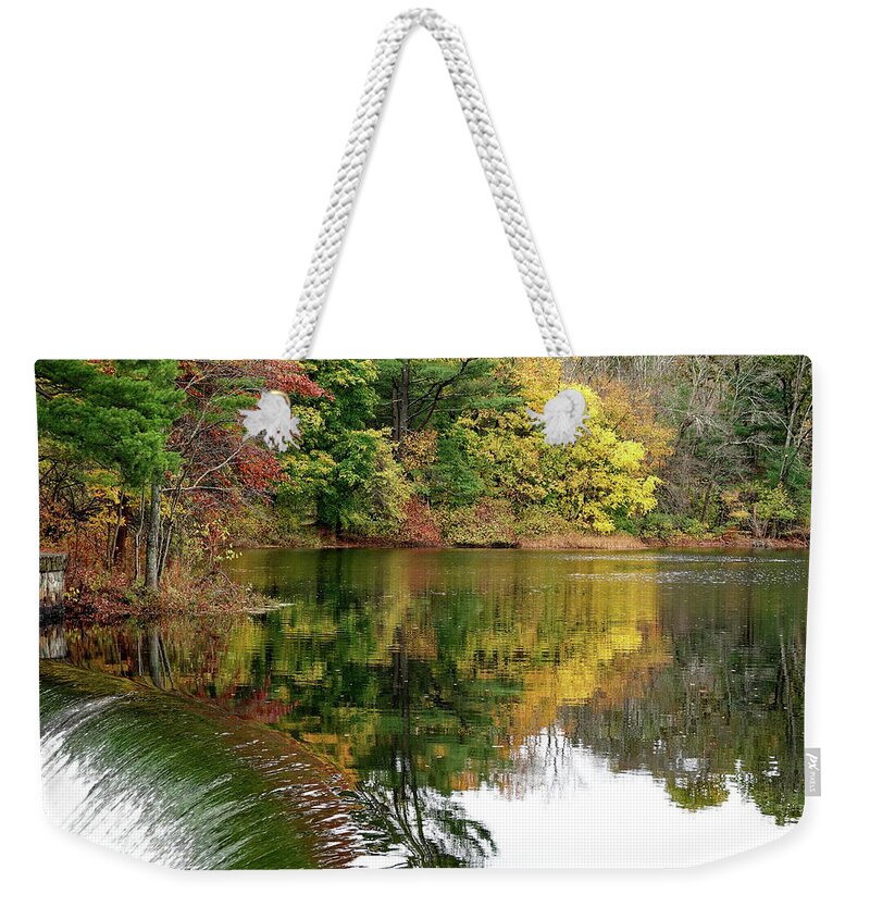 Autumn Weekender Tote Bag featuring the photograph Autumn Reflections at Natick Dam by Lyuba Filatova