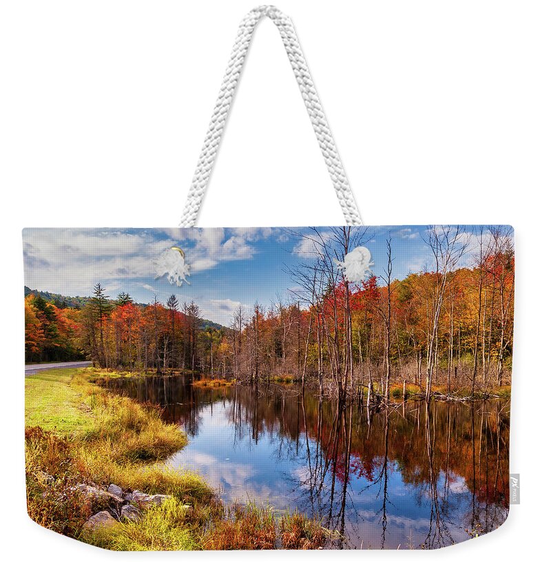 Fall Weekender Tote Bag featuring the photograph Autumn Restful Reflections by Dan Carmichael