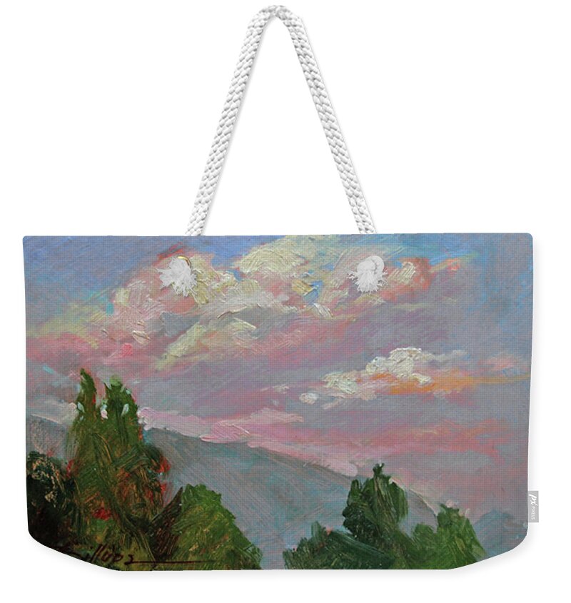 Plein Air Painting Of Clouds Weekender Tote Bag featuring the painting Autumn Skies by Betty Jean Billups