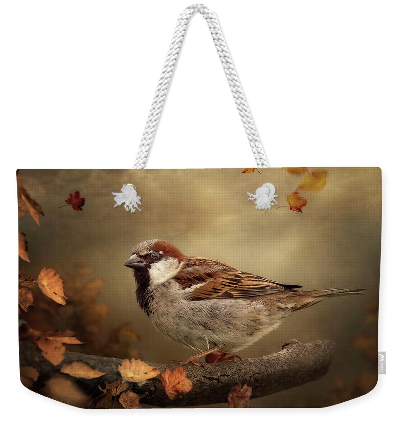 Sparrow Weekender Tote Bag featuring the digital art Autumn Sparrow by Maggy Pease