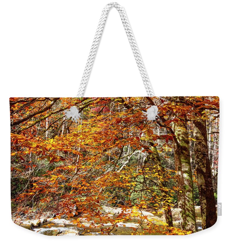 Carolina Weekender Tote Bag featuring the photograph Autumn's Fire along the Creek by Debra and Dave Vanderlaan