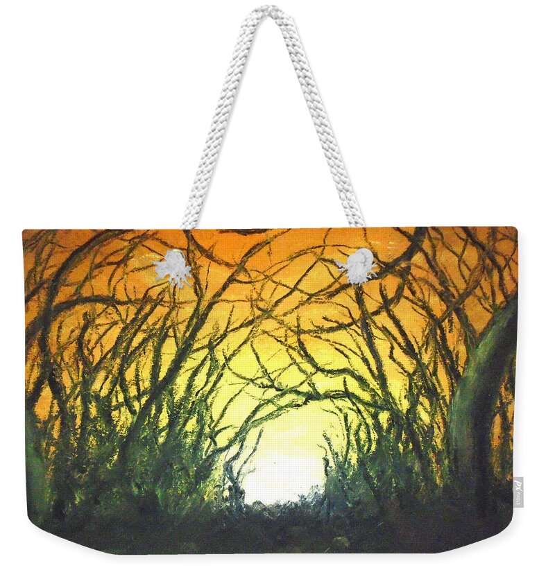 Yellow Sunset Weekender Tote Bag featuring the painting Autumn's Plight by Jen Shearer