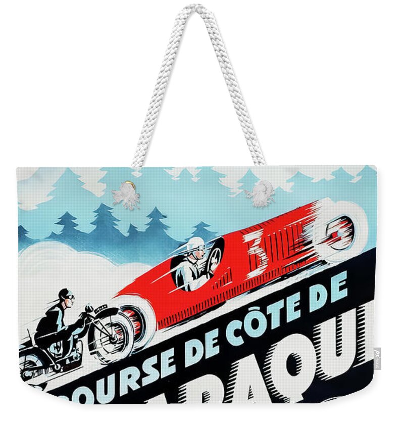 Auvergne Weekender Tote Bag featuring the drawing Auvergne France 1931 Auto Race by M G Whittingham