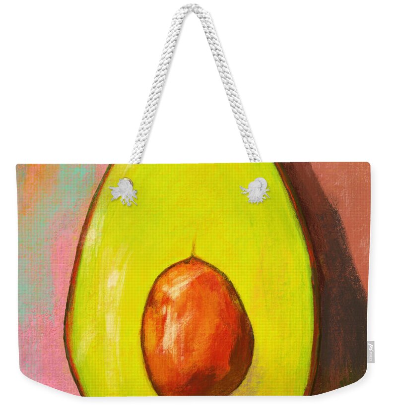 Green Avocado Weekender Tote Bag featuring the painting Avocado Half with Seed Kitchen Decor in Pink by Patricia Awapara