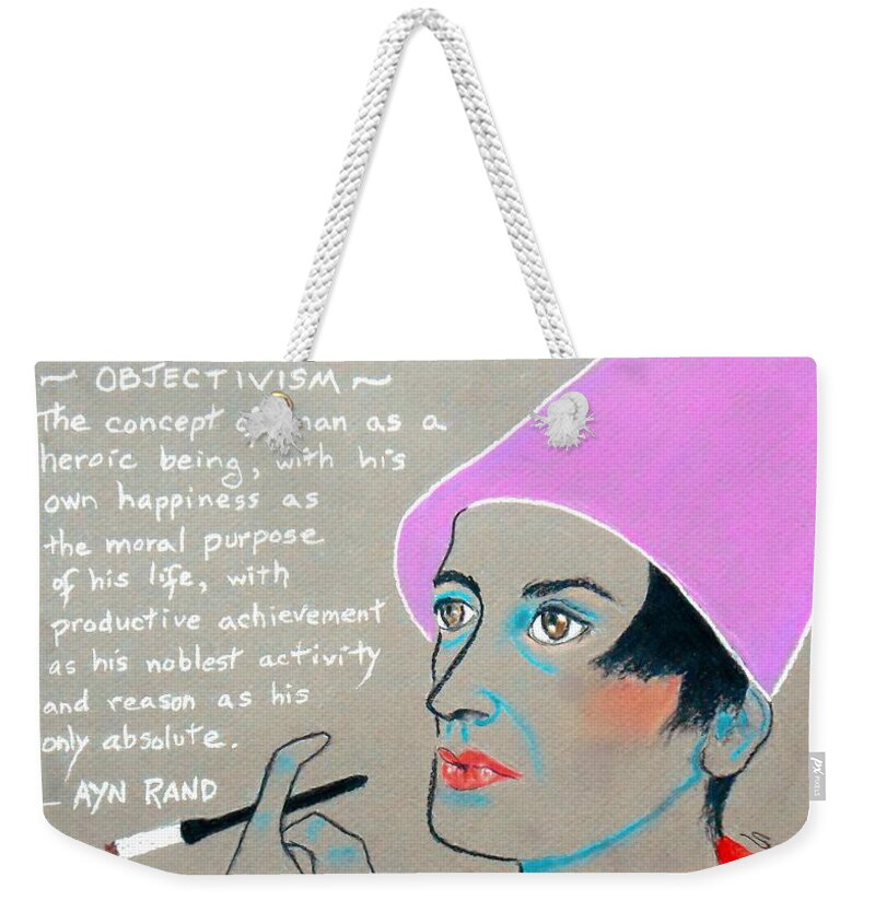 Ayn Rand Weekender Tote Bag featuring the drawing Ayn Rand by Jayne Somogy