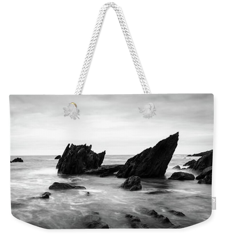 Devon Weekender Tote Bag featuring the photograph Ayrmer Cove South Hams Deven south west coast path black and white 3 by Sonny Ryse