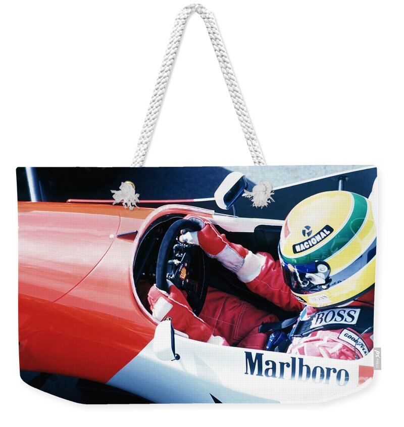 Ayrton Senna Weekender Tote Bag featuring the photograph Ayrton Senna. 1993 Spanish Grand Prix by Oleg Konin