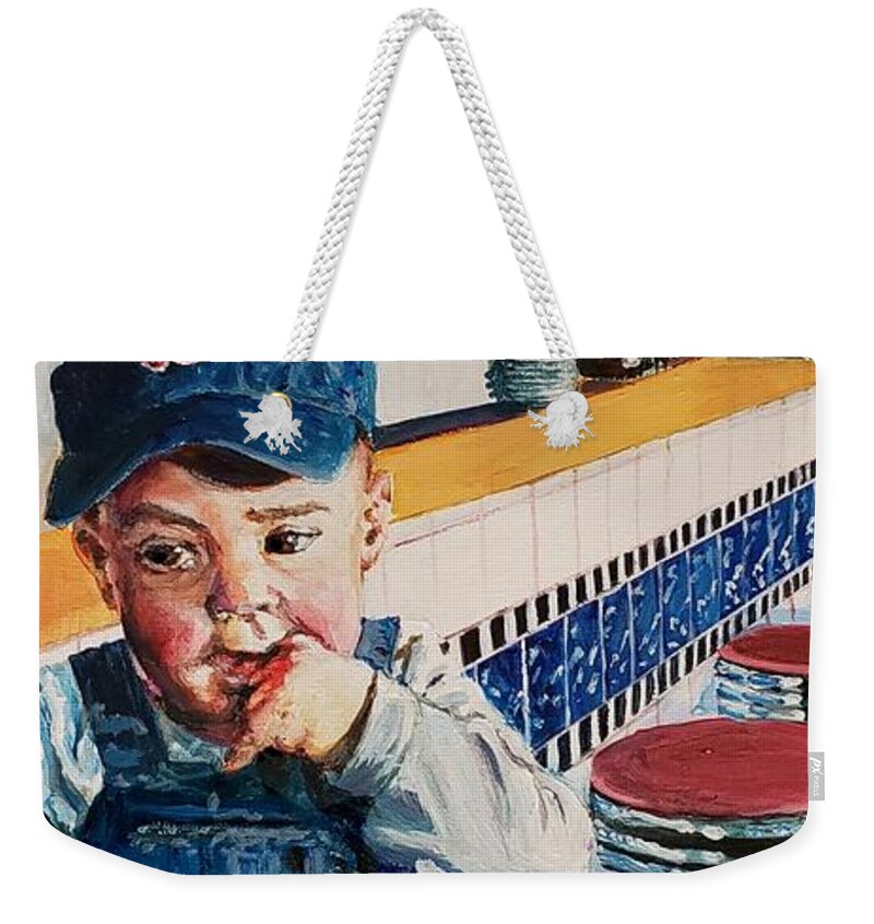 Boston Weekender Tote Bag featuring the painting Baby Boston Baseball Booster by Merana Cadorette