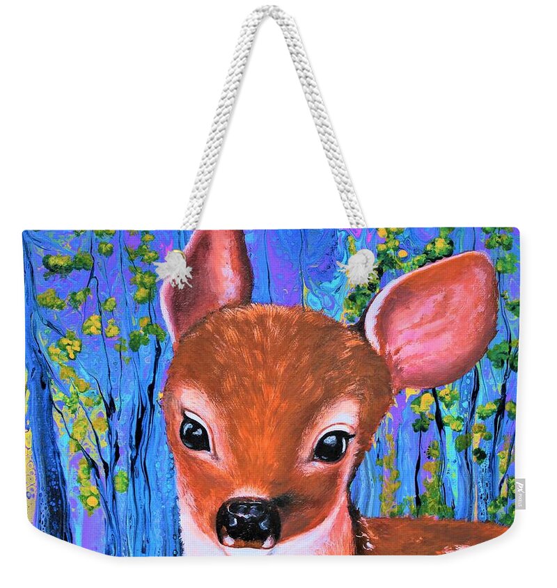 Wall Art Home Décor Baby Deer Bambi Abstract Painting Acrylic Painting Wall Decoration Forest Animals Baby Cute Baby Art For Wall Art For Sale Decoration For A Children's Bedroom Gift Idea Art For Sale Abstract Art Weekender Tote Bag featuring the painting Baby Deer by Tanya Harr