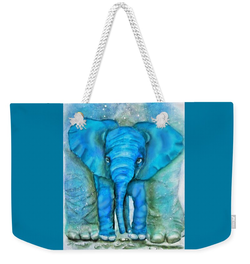 The Playroom Weekender Tote Bag featuring the mixed media Baby Elephant Safe Under Mama by Kelly Mills