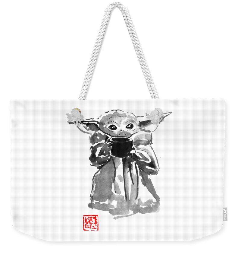 Baby Yoda Weekender Tote Bag featuring the drawing Baby Yoda Face by Pechane Sumie