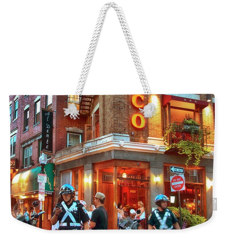 Historic Weekender Tote Bag featuring the photograph Bacco in the North End Boston by Joann Vitali