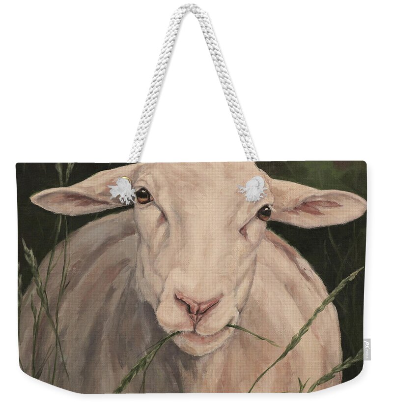 Sheep Weekender Tote Bag featuring the painting Back At Ewe by Joan Frimberger