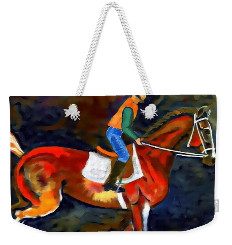 Horse Racing Weekender Tote Bag featuring the digital art Backstretch Thoroughbred 002 by Stacey Mayer