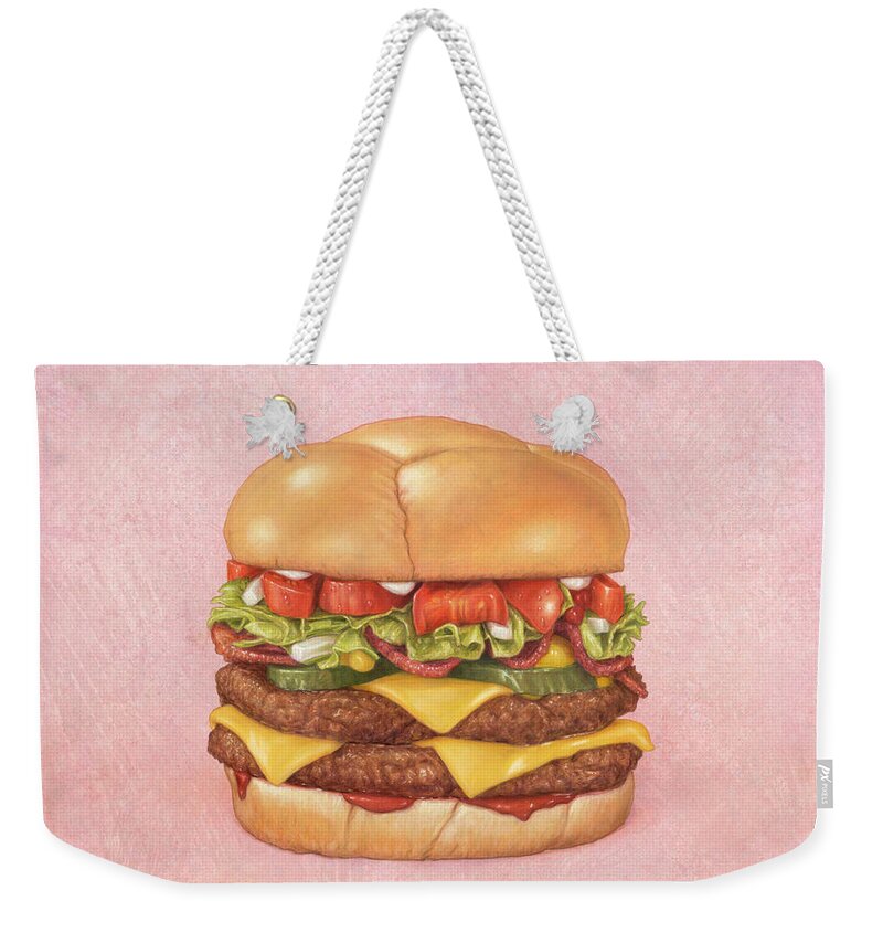 Burger Weekender Tote Bag featuring the painting Bacon Double Cheeseburger by James W Johnson