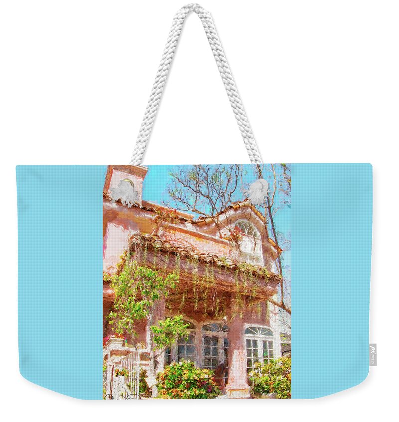 Susan Molnar Weekender Tote Bag featuring the photograph Balboa Island Pink Stucco Cottage by Susan Molnar