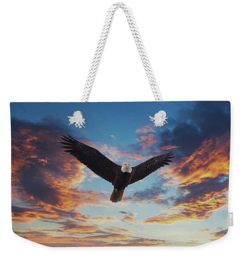 Alaska Weekender Tote Bag featuring the photograph Bald Eagle Looking at Sunset by Darryl Brooks
