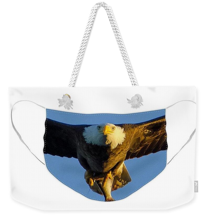 North American Bald Eagle Weekender Tote Bag featuring the photograph Bald Eagle Face Mask with Fish by Jeff at JSJ Photography