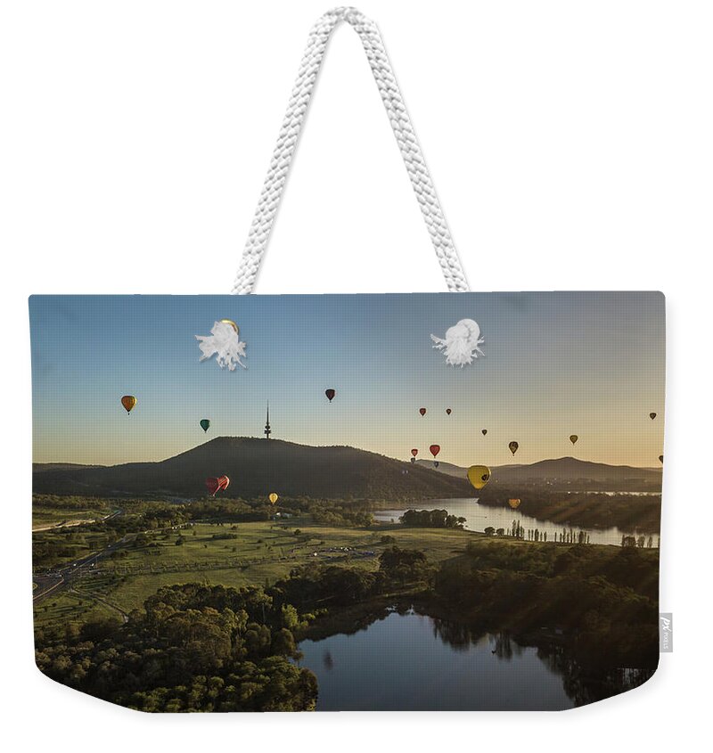 Canberra Landscape Weekender Tote Bag featuring the photograph Balloon Spectacular by Ari Rex