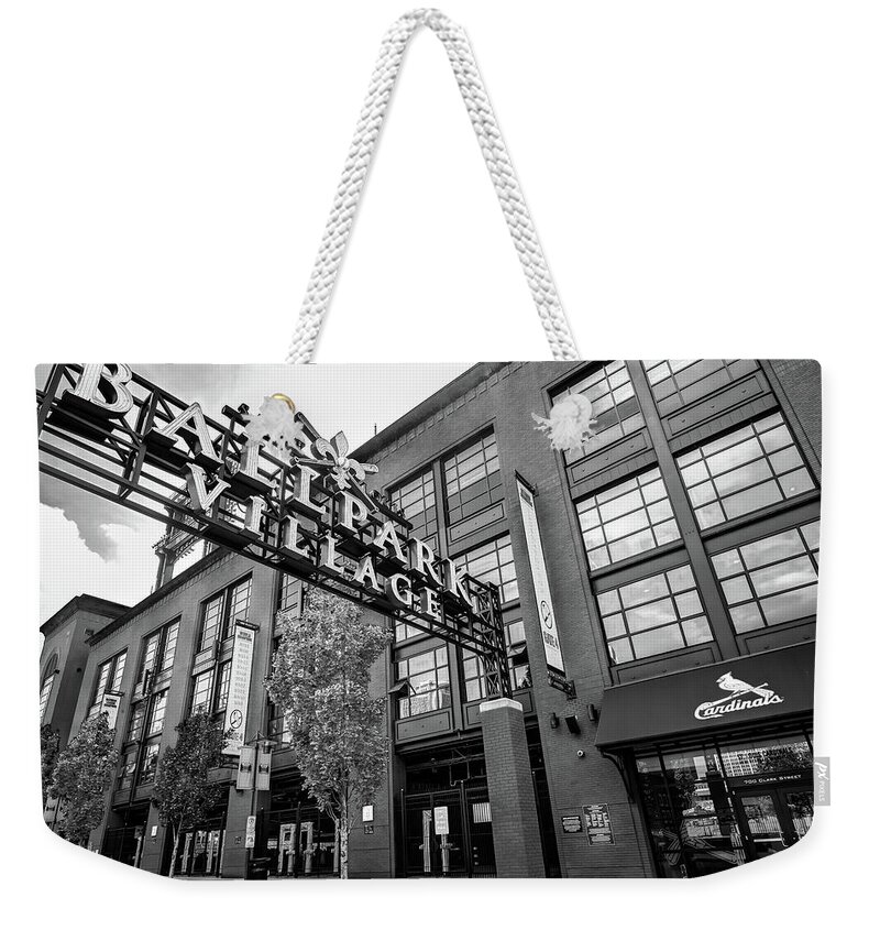 Black And White Weekender Tote Bag featuring the photograph Ballpark Village At Saint Louis Baseball Stadium - Black and White by Gregory Ballos