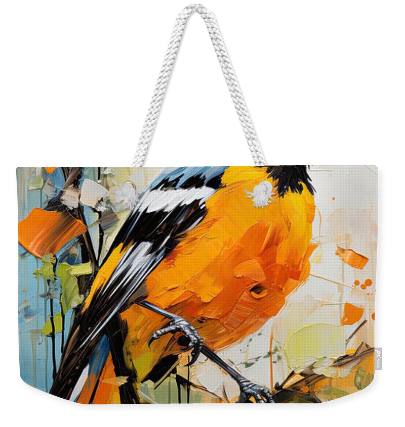 Baltimore Oriole Weekender Tote Bag featuring the painting Baltimore Oriole Art- Baltimore Female Oriole Art by Lourry Legarde