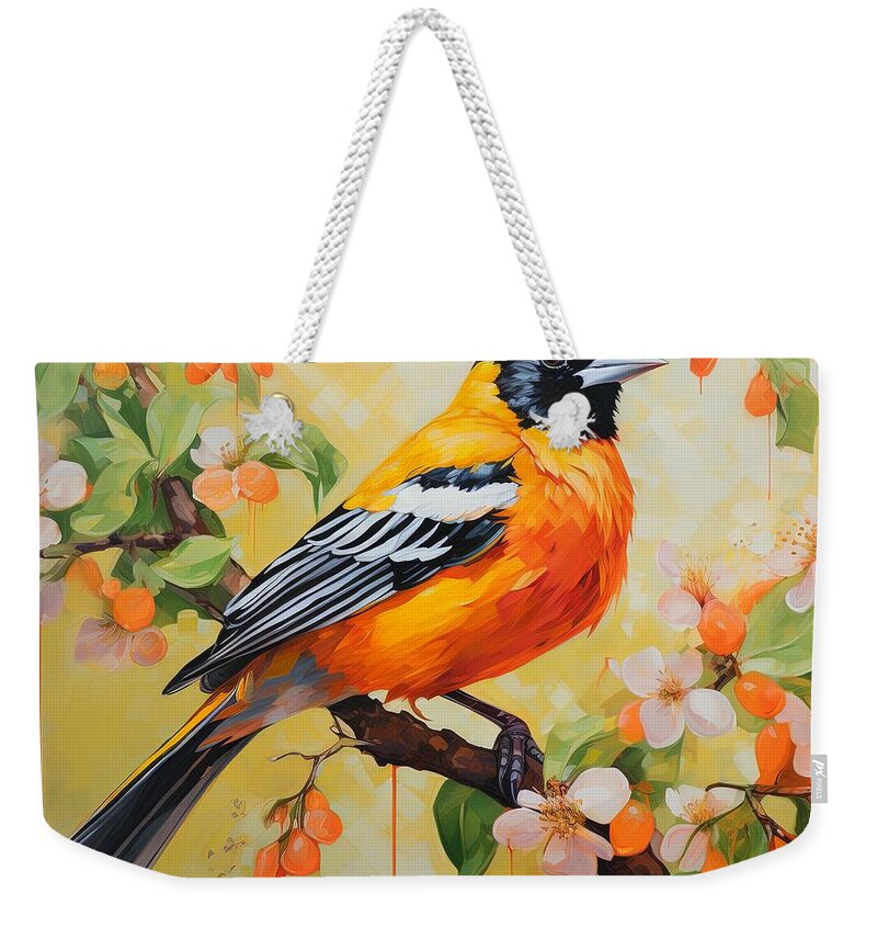 Baltimore Oriole Weekender Tote Bag featuring the painting Baltimore Oriole's Citrus Symphony by Lourry Legarde