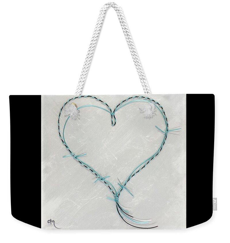 Heart Weekender Tote Bag featuring the mixed media Barbed Heart-Blue on White by Tamara Nelson