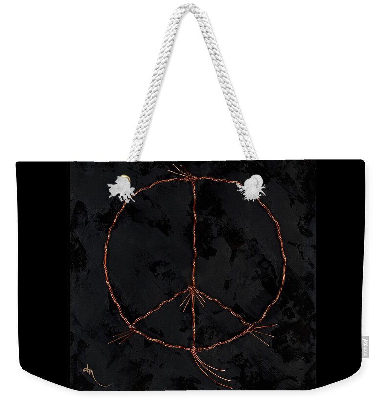Peace Weekender Tote Bag featuring the painting Barbed Peace-Bronze on Black by Tamara Nelson