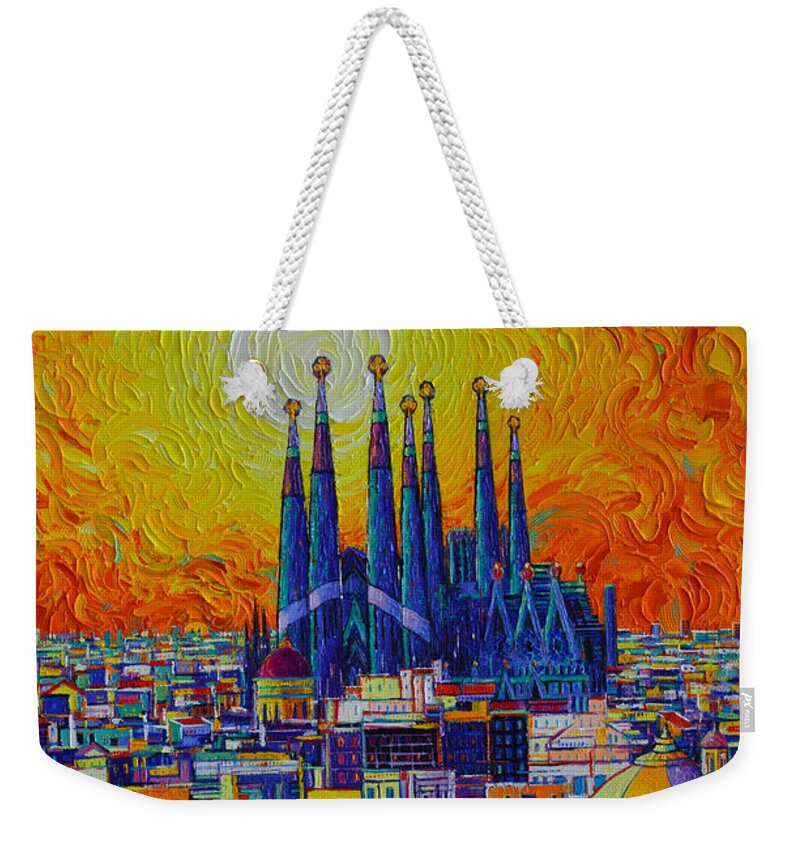 Barcelona Weekender Tote Bag featuring the painting BARCELONA ABSTRACT CITYSCAPE FIERY SUNSET OVER SAGRADA FAMILIA knife oil painting Ana Maria Edulescu by Ana Maria Edulescu