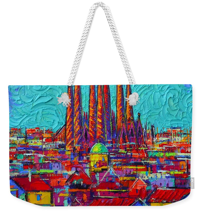 Barcelona Weekender Tote Bag featuring the painting Barcelona Abstract Cityscape - Sagrada Familia by Ana Maria Edulescu