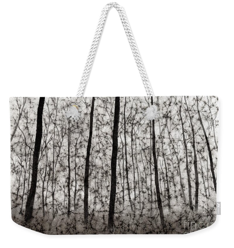 Black And White Weekender Tote Bag featuring the painting Bare Forest by Hailey E Herrera