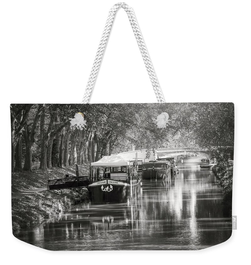 Toulouse Weekender Tote Bag featuring the photograph Barges on Canal de Brienne Toulouse France Black and White by Carol Japp