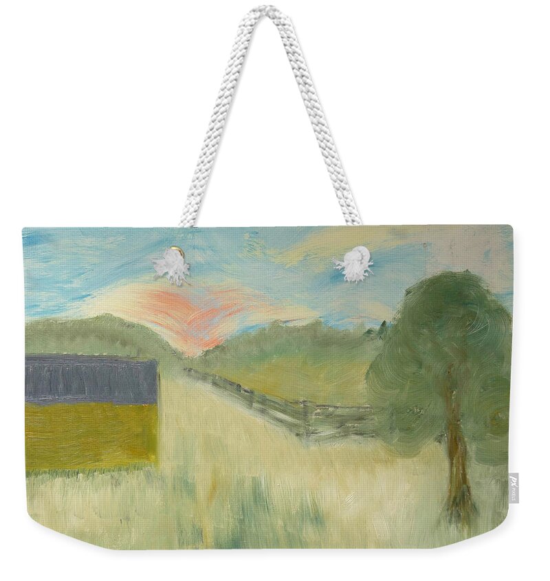 Sun Also Sets Weekender Tote Bag featuring the painting Barn and Country Meadow by David McCready