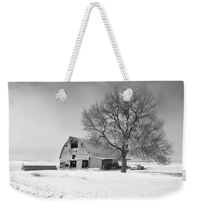 Black And White Weekender Tote Bag featuring the photograph Winter on the Farm BW by Jerry Abbott