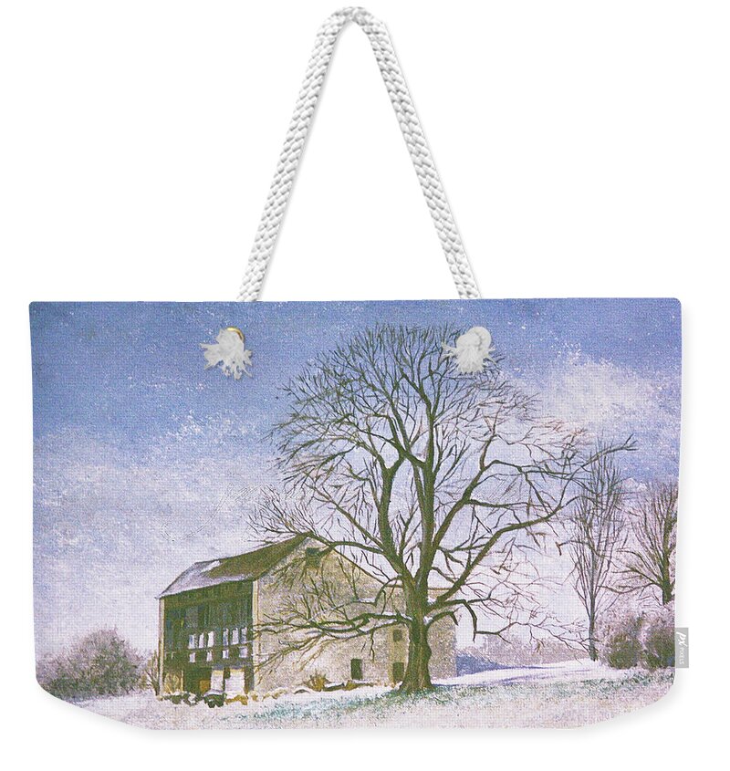 Landscape Weekender Tote Bag featuring the painting Barn in Winter by Jacqueline Shuler