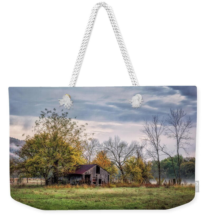 Arkansas Weekender Tote Bag featuring the photograph Barn on a Misty Morning by James Barber