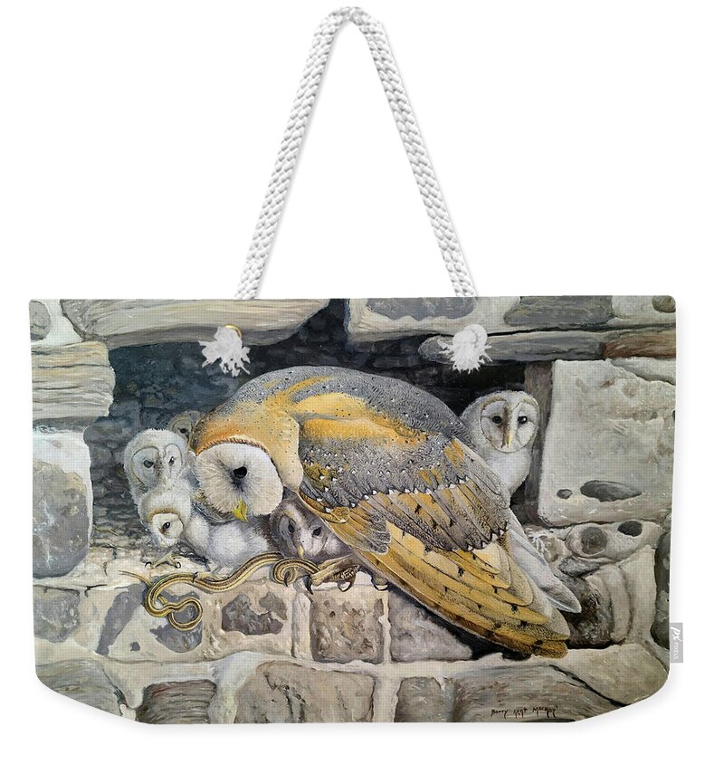 Barn Owl Weekender Tote Bag featuring the painting Barn Owl Family by Barry Kent MacKay