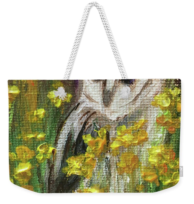 Barn Owl Weekender Tote Bag featuring the painting Barn Owl in Yellow Flowers by Roxy Rich