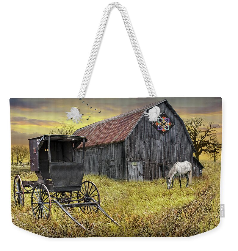 Barn Weekender Tote Bag featuring the photograph Barn Quilt with Amish Buggy and Horse on Amish Farm at Sunset by Randall Nyhof